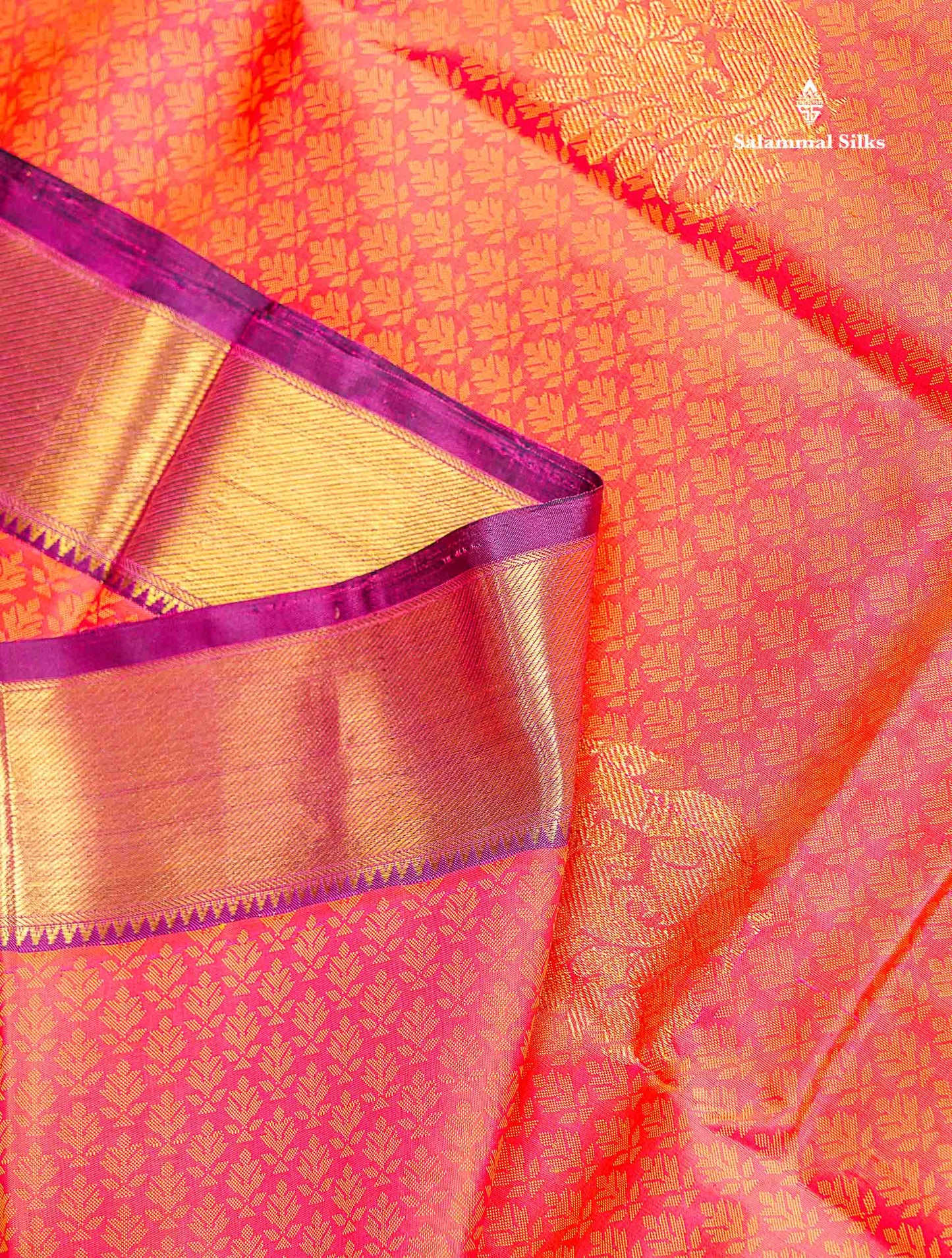 Pure Kanjivaram Silk Saree - Orange Colour Body With Magenta Traditional Evening Morning Border