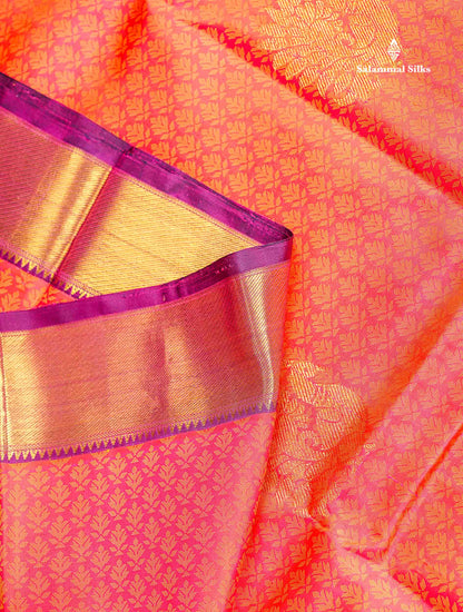Pure Kanjivaram Silk Saree - Orange Colour Body With Magenta Traditional Evening Morning Border