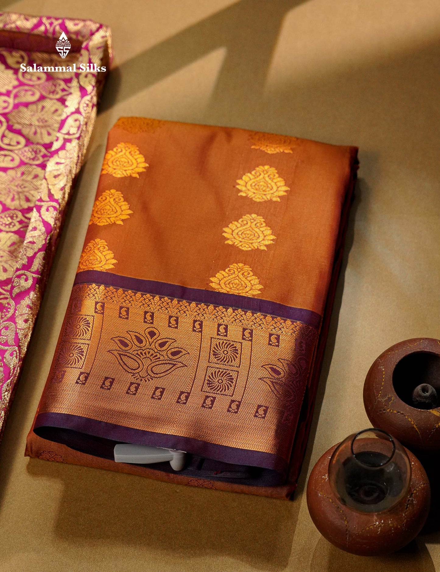 Beautiful Rust Orange Semi Silk Saree With Contrast Brown Traditional Border