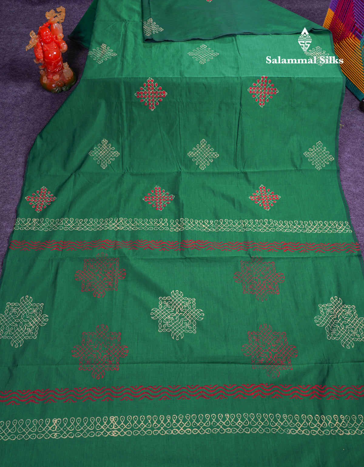 Beautiful Bottle Green South Cotton Printed Saree With Contrast Cream Sandal Blouse