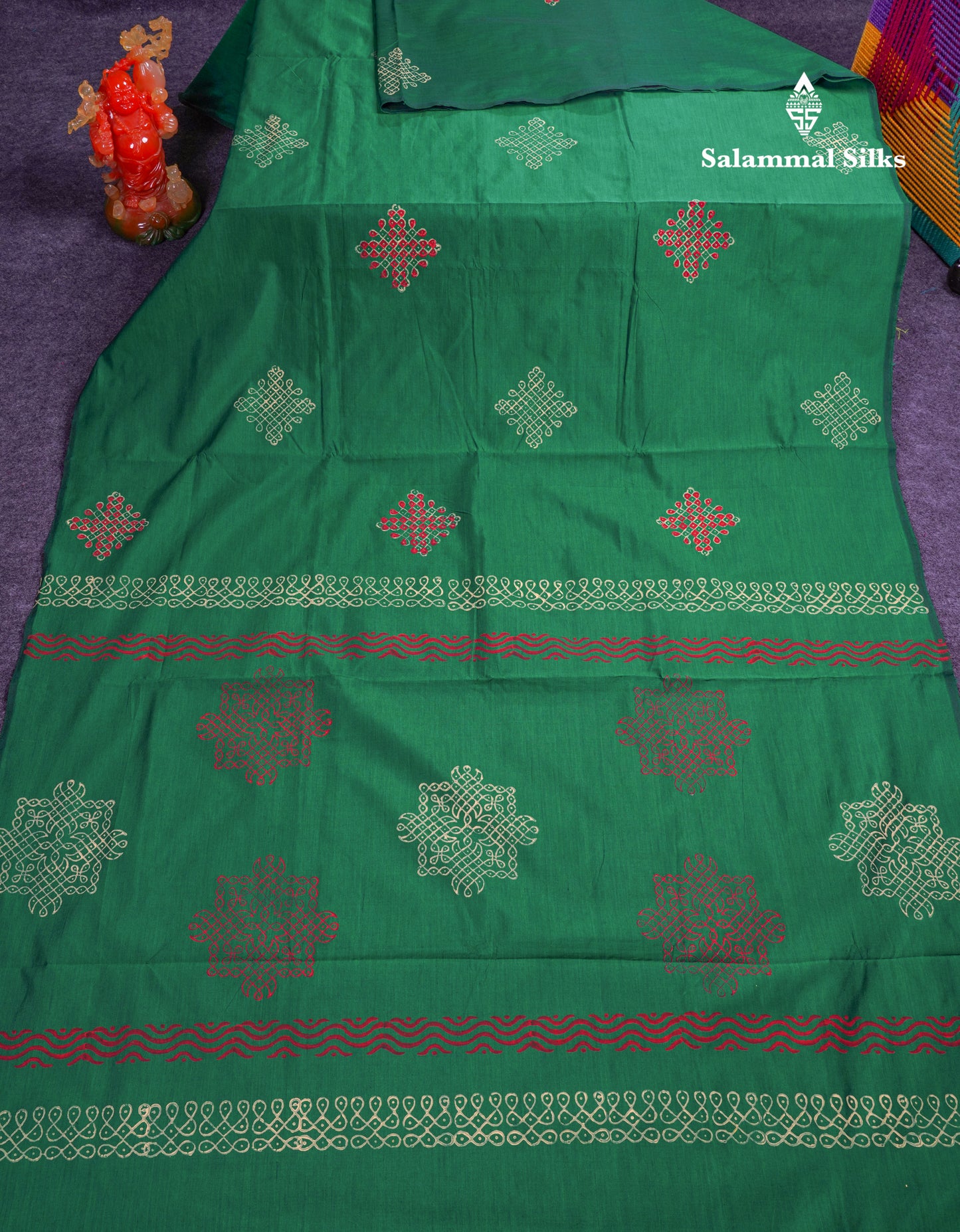 Beautiful Bottle Green South Cotton Printed Saree With Contrast Cream Sandal Blouse