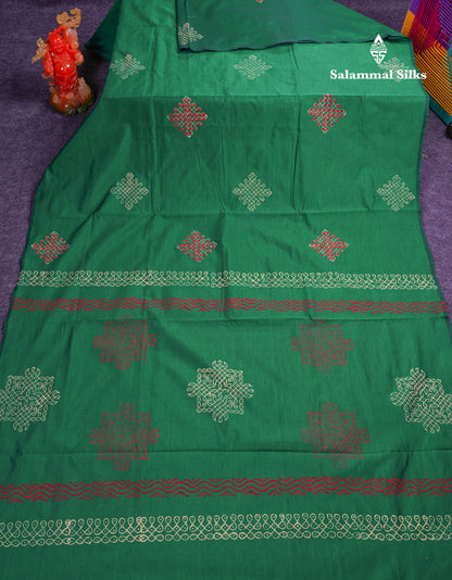 Beautiful Bottle Green South Cotton Printed Saree With Contrast Cream Sandal Blouse