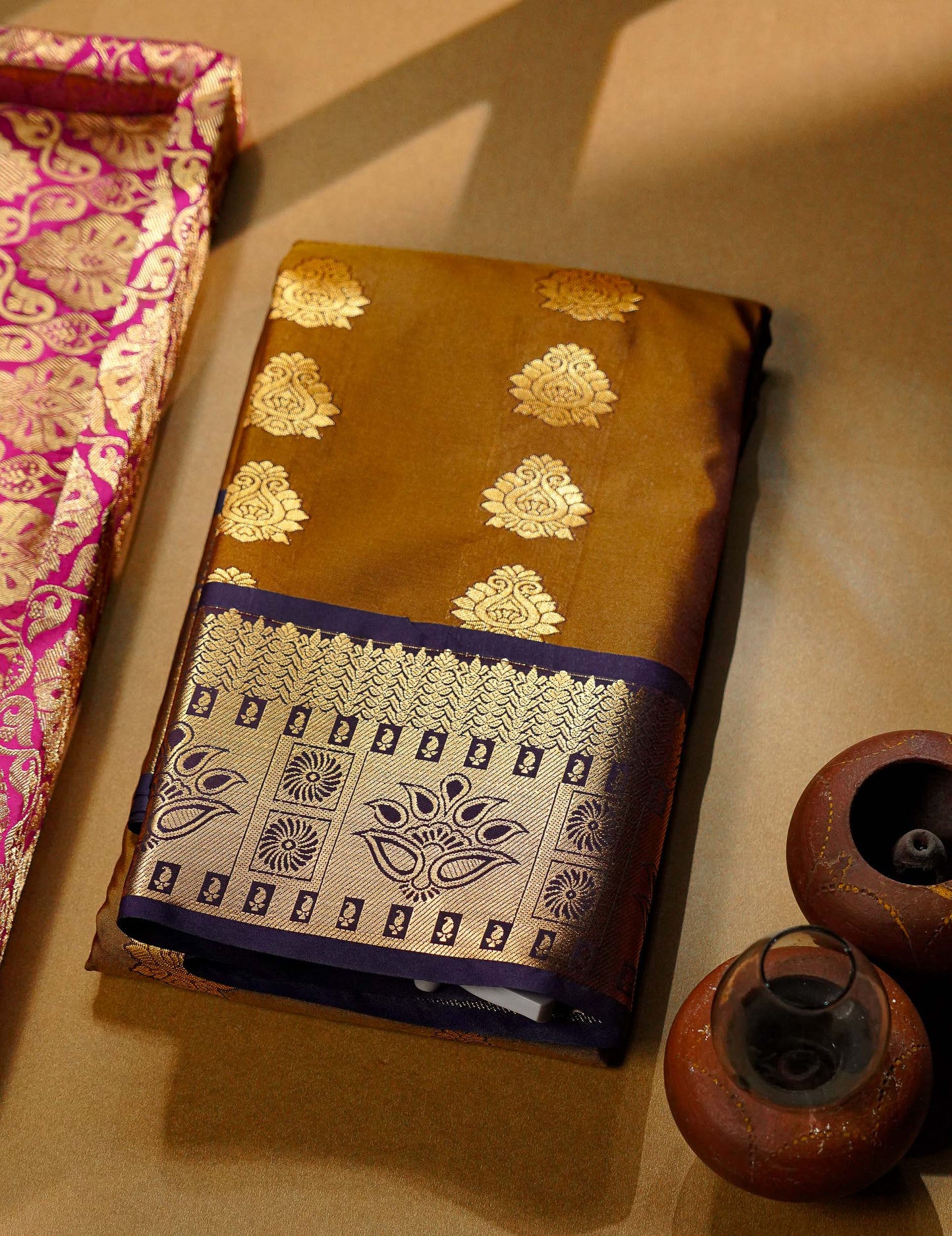 Beautiful Rust Orange Semi Silk Saree With Contrast Brown Traditional Border