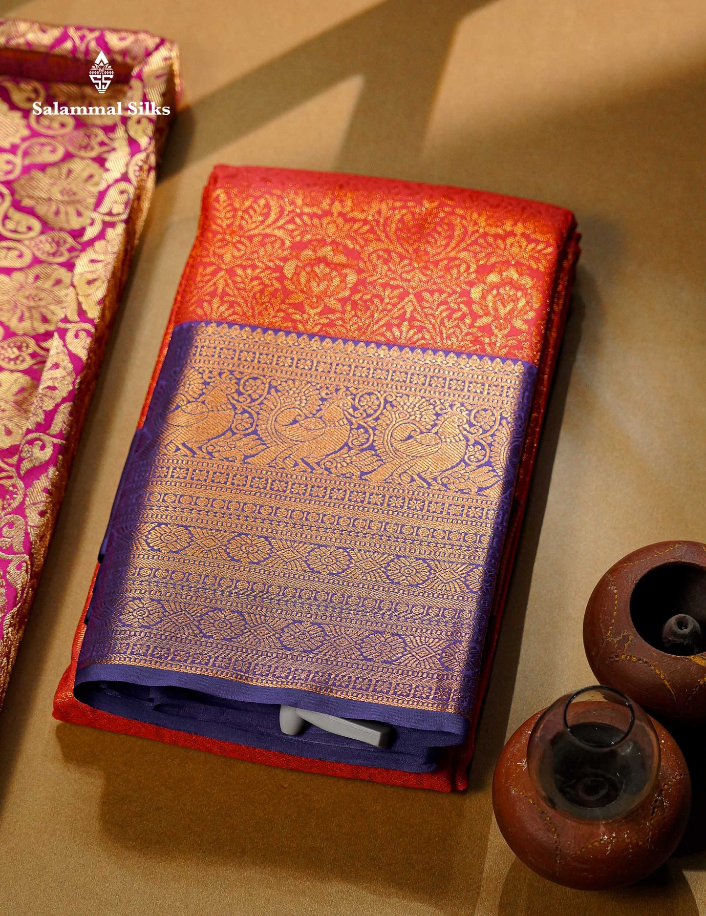 Beautiful Dual Tone Peach Orange Bridal Semi Silk Saree With Contrast Navy Blue Traditional Evening Morning Border