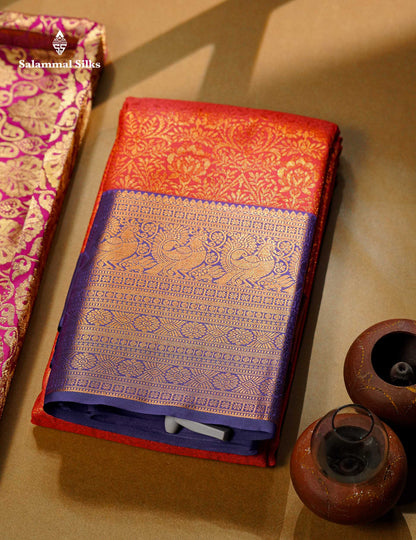 Beautiful Dual Tone Peach Orange Bridal Semi Silk Saree With Contrast Navy Blue Traditional Evening Morning Border
