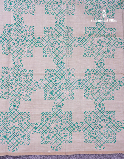 Beautiful Bottle Green South Cotton Printed Saree With Contrast Cream Sandal Blouse