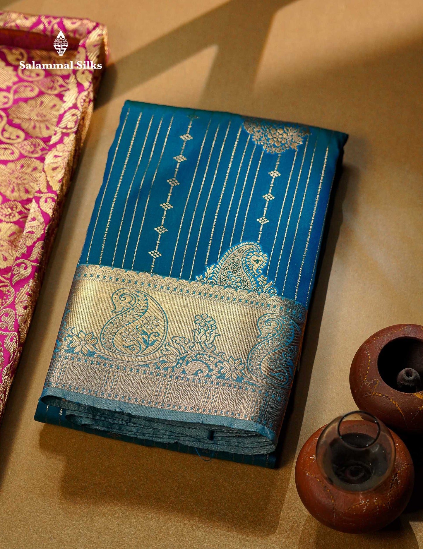 Beautiful Dark Maroon Zari Lines With Butta Semi Silk Saree With Contrast Bottle Green Traditional Border