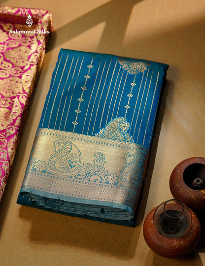 Beautiful Dark Maroon Zari Lines With Butta Semi Silk Saree With Contrast Bottle Green Traditional Border