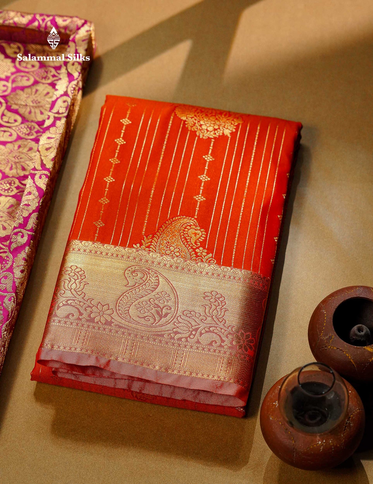 Beautiful Dark Maroon Zari Lines With Butta Semi Silk Saree With Contrast Bottle Green Traditional Border