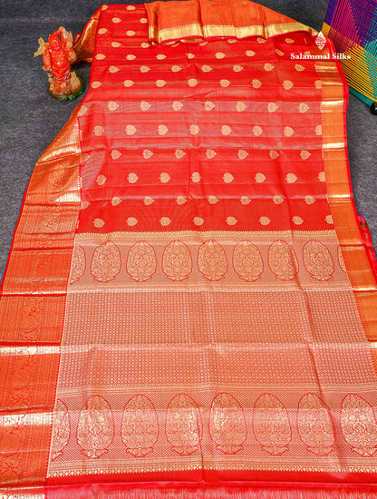 Beautiful Red Vaira Oosi Lines Pure Kanjivaram Silk Saree With Traditional Evening Morning Border