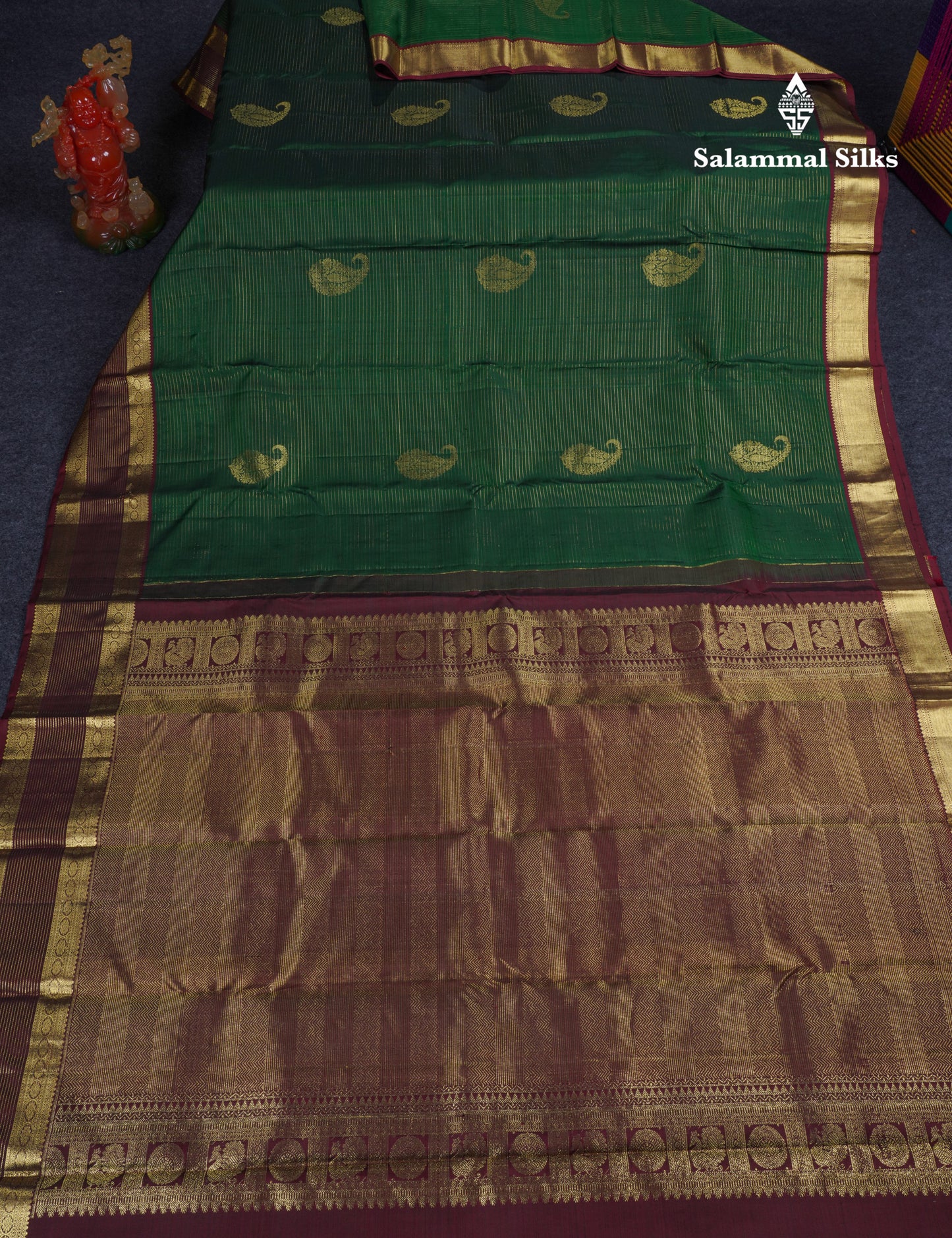 Beautiful Bottle Green Vaira Oosi Lines With Butta Pure Kanjivaram Silk Saree With Contrast Dark Brown Traditional Evening Morning Border