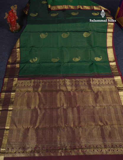 Beautiful Bottle Green Vaira Oosi Lines With Butta Pure Kanjivaram Silk Saree With Contrast Dark Brown Traditional Evening Morning Border
