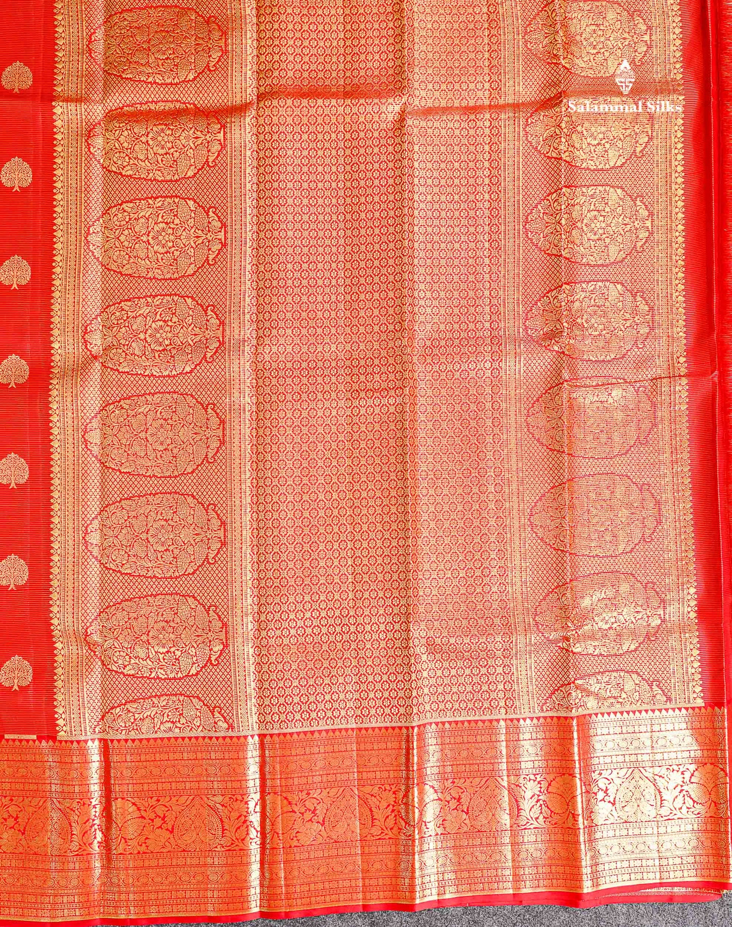 Beautiful Red Vaira Oosi Lines Pure Kanjivaram Silk Saree With Traditional Evening Morning Border