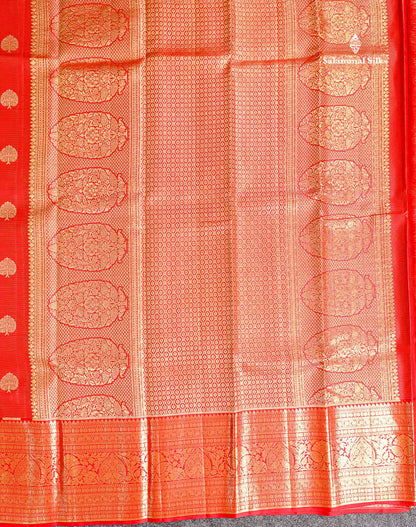 Beautiful Red Vaira Oosi Lines Pure Kanjivaram Silk Saree With Traditional Evening Morning Border