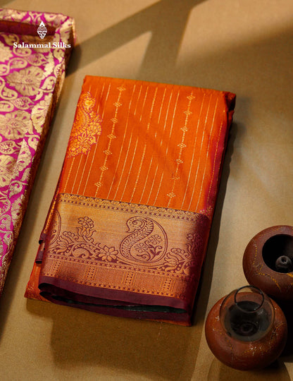 Beautiful Dark Maroon Zari Lines With Butta Semi Silk Saree With Contrast Bottle Green Traditional Border