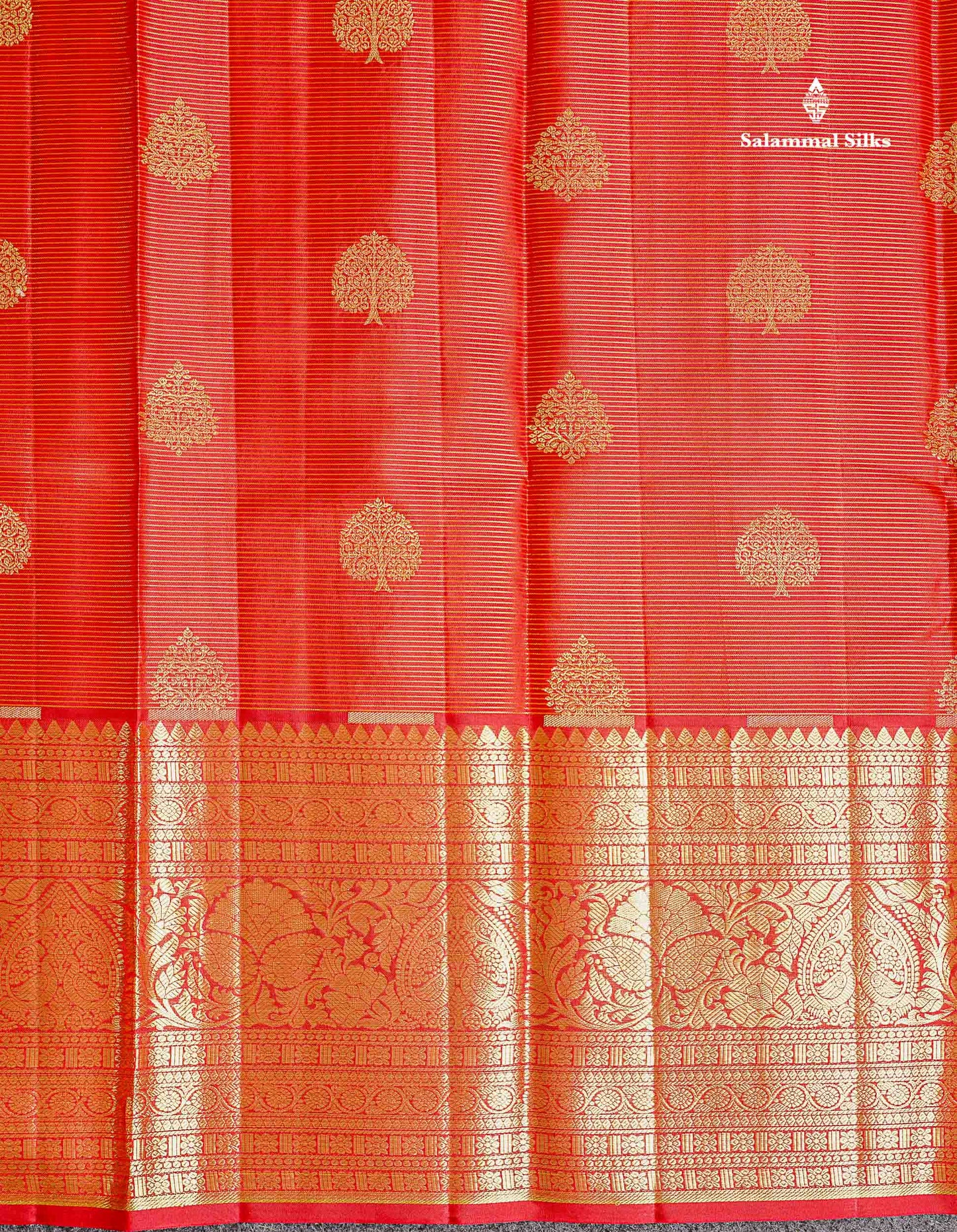 Beautiful Red Vaira Oosi Lines Pure Kanjivaram Silk Saree With Traditional Evening Morning Border