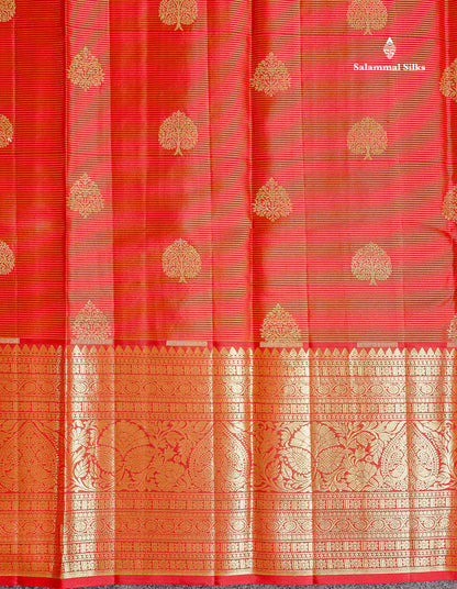 Beautiful Red Vaira Oosi Lines Pure Kanjivaram Silk Saree With Traditional Evening Morning Border