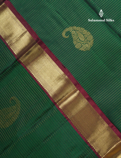 Beautiful Bottle Green Vaira Oosi Lines With Butta Pure Kanjivaram Silk Saree With Contrast Dark Brown Traditional Evening Morning Border