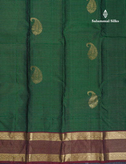 Beautiful Bottle Green Vaira Oosi Lines With Butta Pure Kanjivaram Silk Saree With Contrast Dark Brown Traditional Evening Morning Border