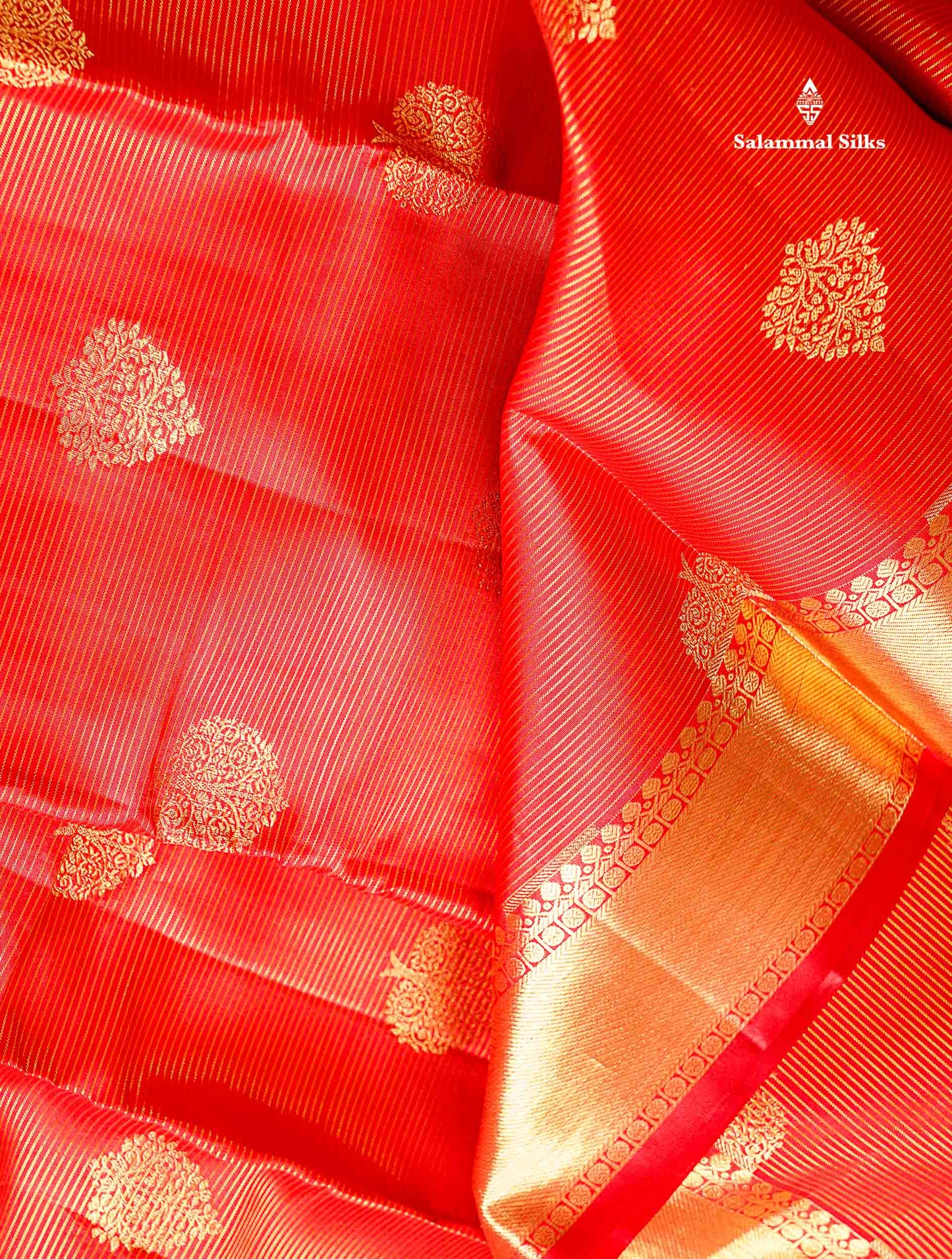Beautiful Red Vaira Oosi Lines Pure Kanjivaram Silk Saree With Traditional Evening Morning Border