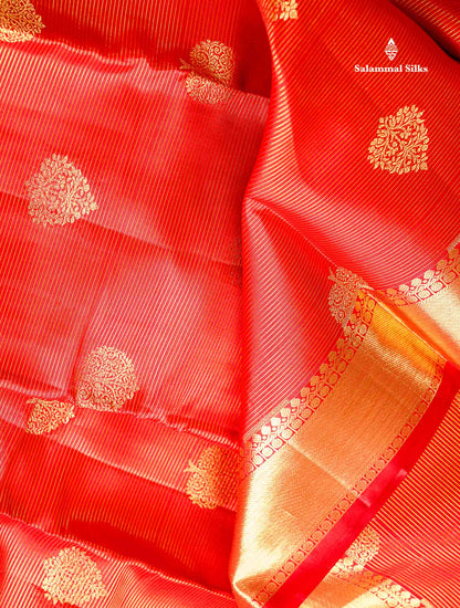 Beautiful Red Vaira Oosi Lines Pure Kanjivaram Silk Saree With Traditional Evening Morning Border