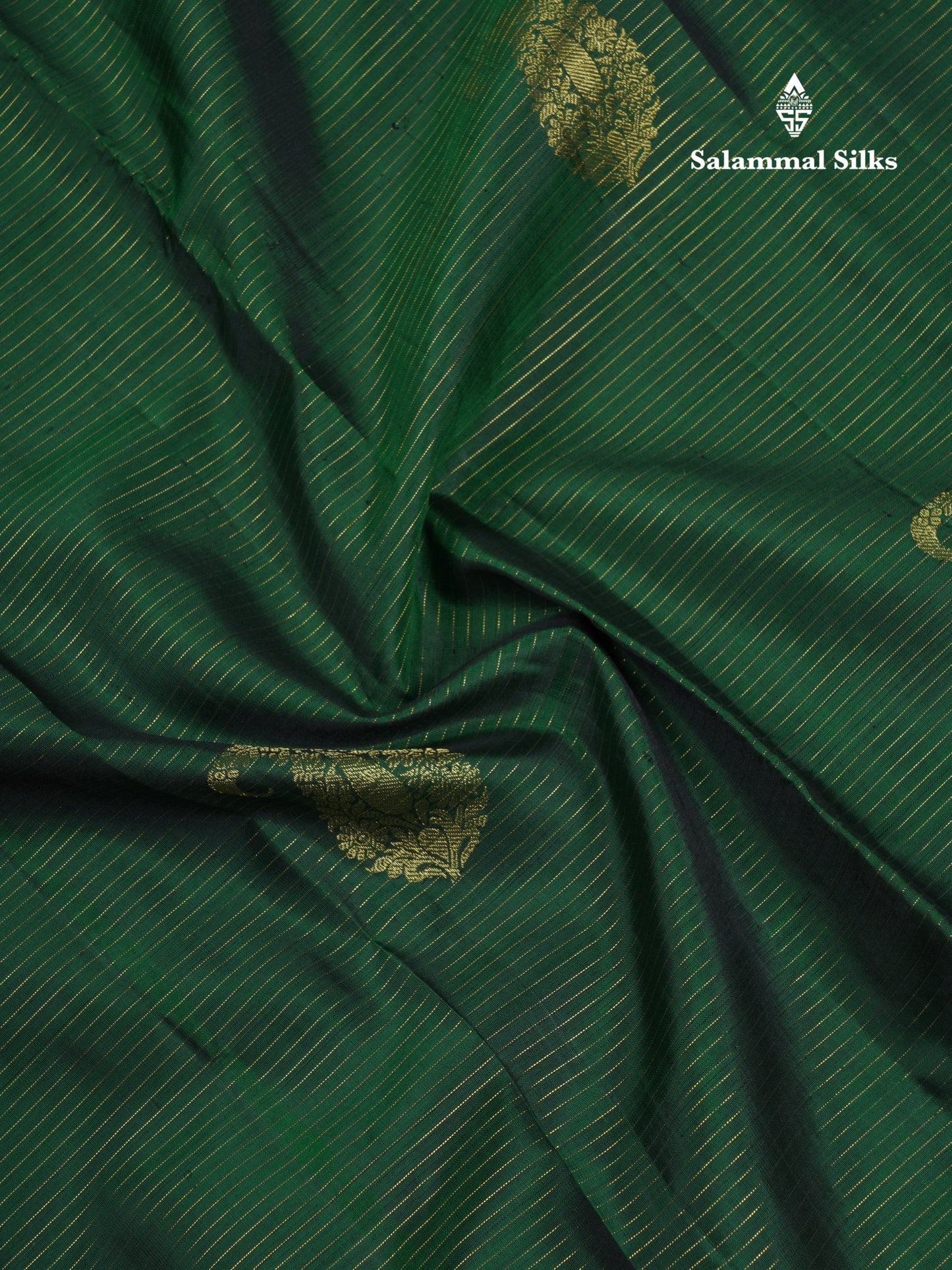 Beautiful Bottle Green Vaira Oosi Lines With Butta Pure Kanjivaram Silk Saree With Contrast Dark Brown Traditional Evening Morning Border