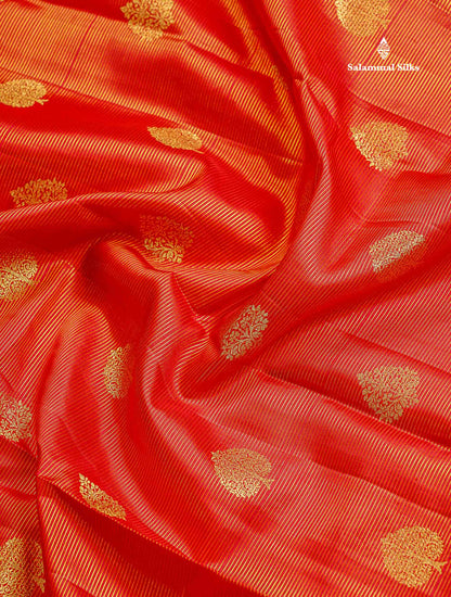 Beautiful Red Vaira Oosi Lines Pure Kanjivaram Silk Saree With Traditional Evening Morning Border