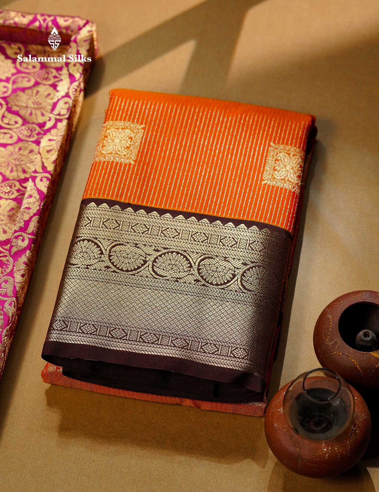 Beautiful Mustard Yellow Zari Lines With Butta Semi Silk Saree With Contrast Dark Brown Traditional Border