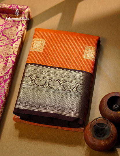 Beautiful Mustard Yellow Zari Lines With Butta Semi Silk Saree With Contrast Dark Brown Traditional Border