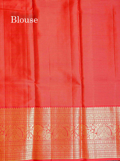 Beautiful Red Vaira Oosi Lines Pure Kanjivaram Silk Saree With Traditional Evening Morning Border