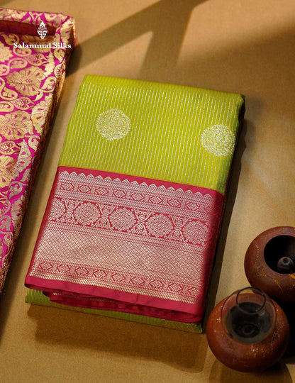 Beautiful Parrot Green Zari Lines With Butta Semi Silk Saree With Contrast Pink Traditional Border