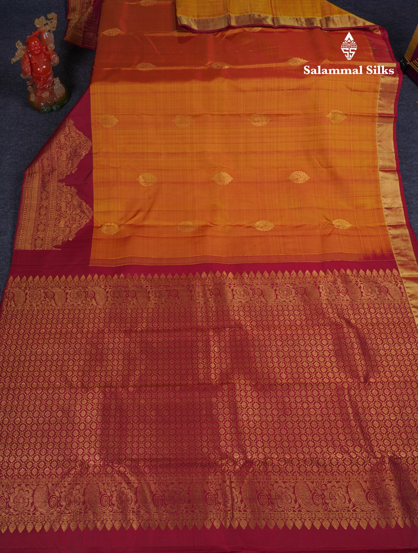 Beautiful Dual Tone Mustard Yellow Pure Kanjivaram Silk Saree With Contrast Maroon Traditional Evening Morning Border