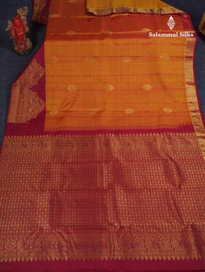 Beautiful Dual Tone Mustard Yellow Pure Kanjivaram Silk Saree With Contrast Maroon Traditional Evening Morning Border