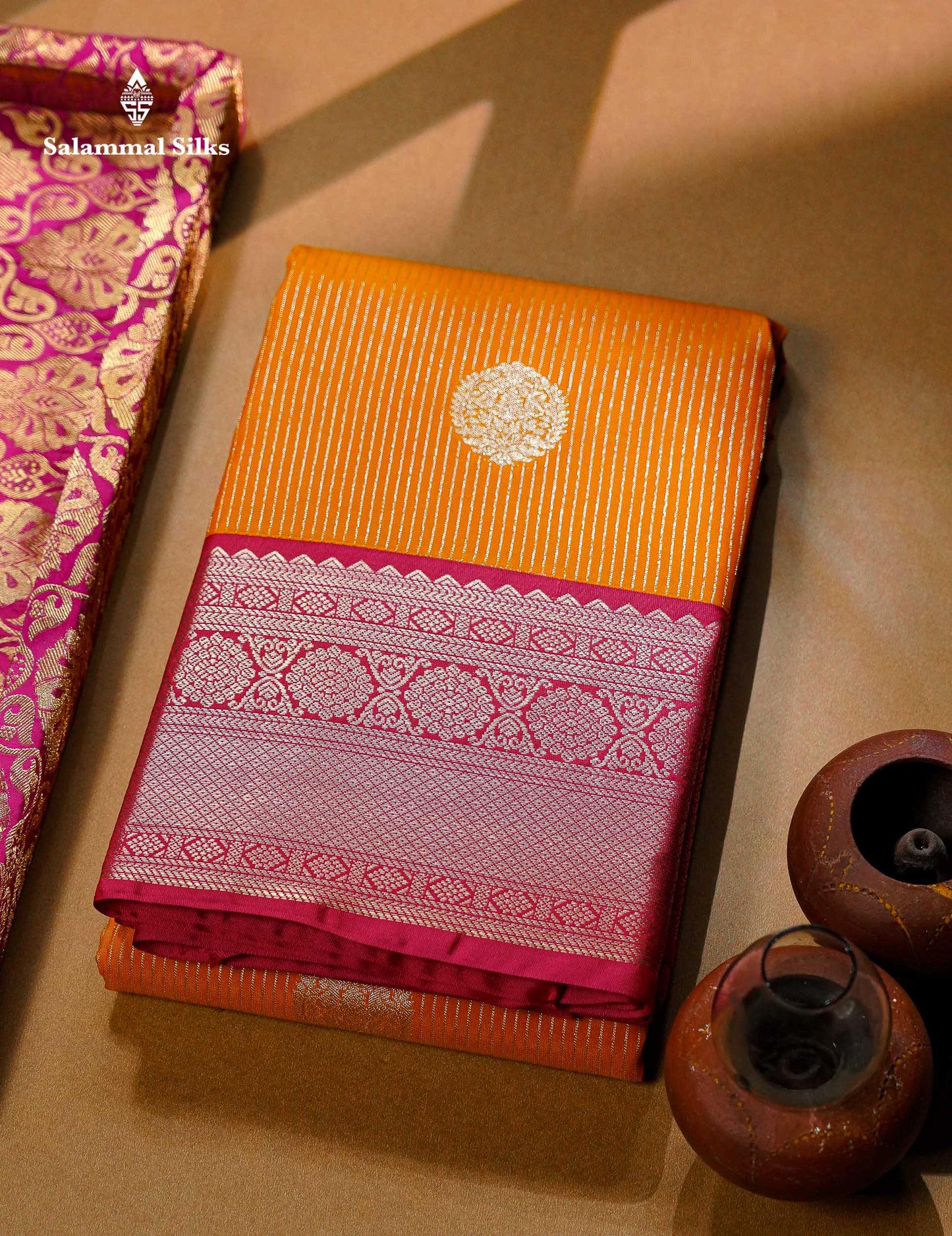 Beautiful Parrot Green Zari Lines With Butta Semi Silk Saree With Contrast Pink Traditional Border