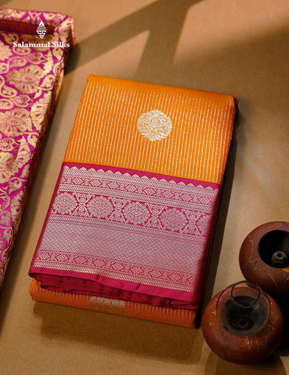 Beautiful Parrot Green Zari Lines With Butta Semi Silk Saree With Contrast Pink Traditional Border