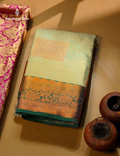 Beautiful Light Elaichi Green Zari Lines With Butta Semi Silk Saree With Contrast Bottle Green Traditional Border