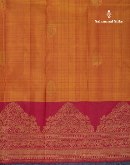 Beautiful Dual Tone Mustard Yellow Pure Kanjivaram Silk Saree With Contrast Maroon Traditional Evening Morning Border