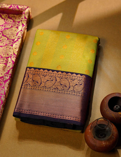 Beautiful Parrot Green Semi Silk Saree With Contrast Dark Purple Traditional Border
