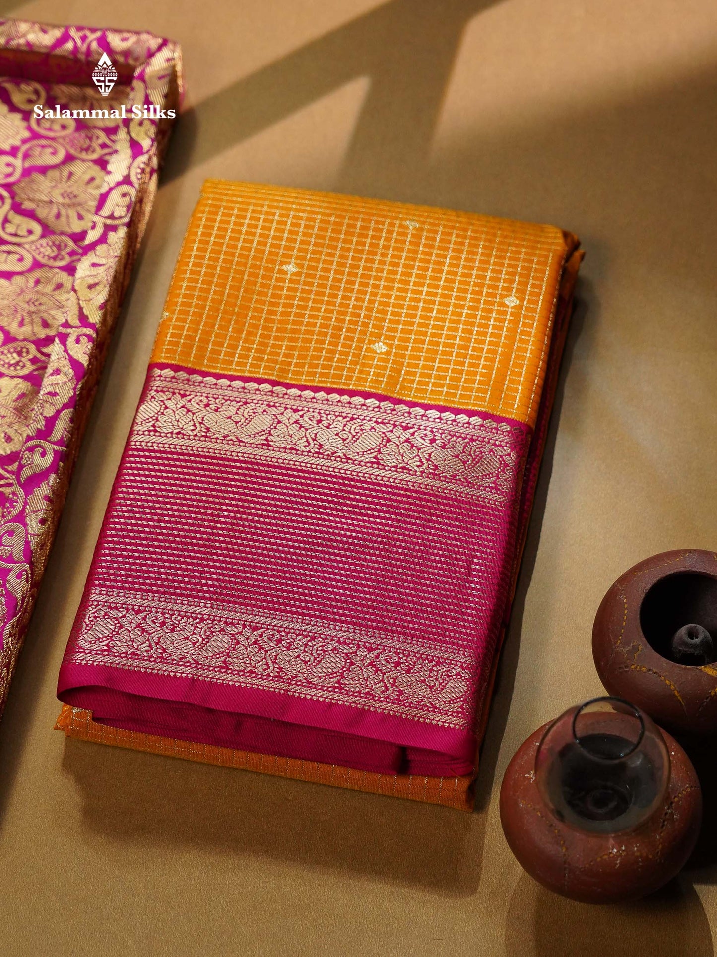Beautiful Mango Yellow Small Zari Checks With Butta Semi Silk Saree With Contrast Pink Traditional Border
