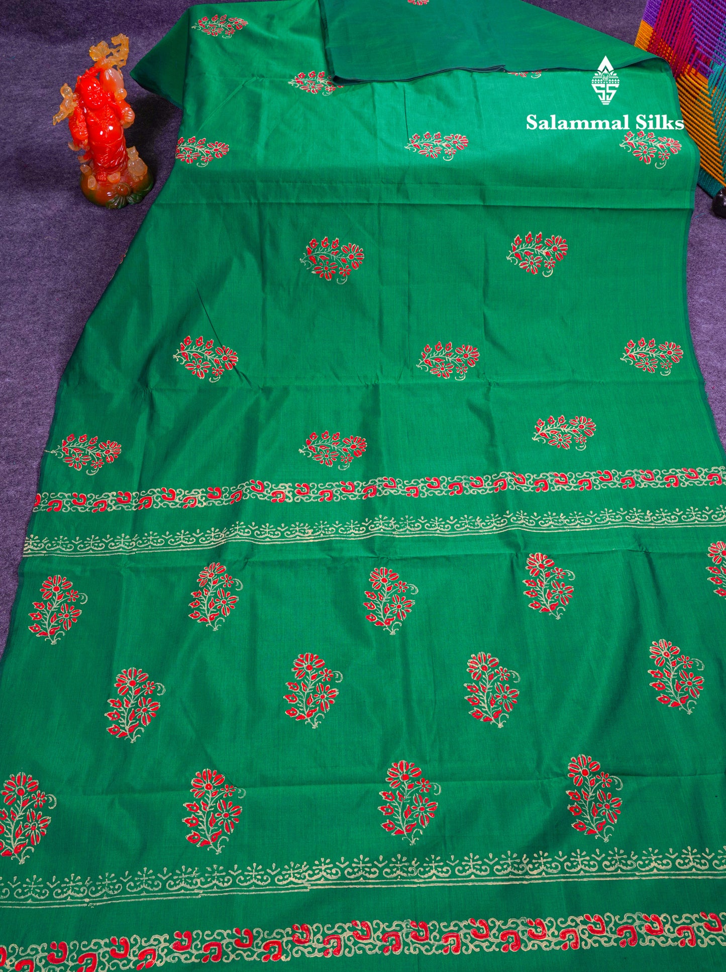 Beautiful Green South Cotton Printed Saree With Contrast Cream Sandal Blouse