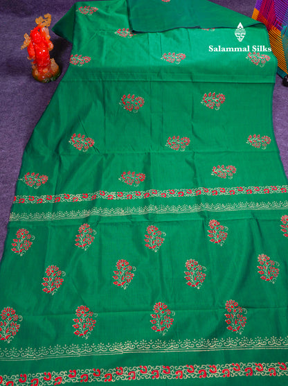 Beautiful Green South Cotton Printed Saree With Contrast Cream Sandal Blouse