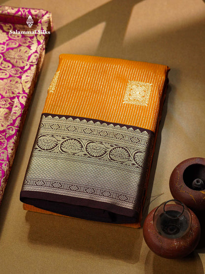Beautiful Mustard Yellow Zari Lines With Butta Semi Silk Saree With Contrast Dark Brown Traditional Border