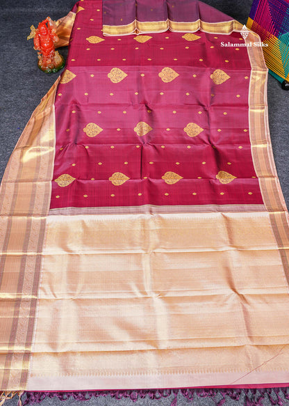 Korvai Beautiful Magenta Pure Kanjivaram Silk Saree With Contrast Dark Peach Traditional Evening Morning Border