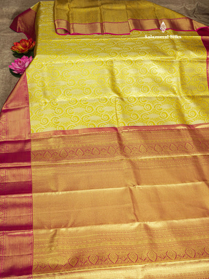 Gold Tissue Bridal Pure Kanjivaram Silk Saree With Contrast Magenta Pink Border