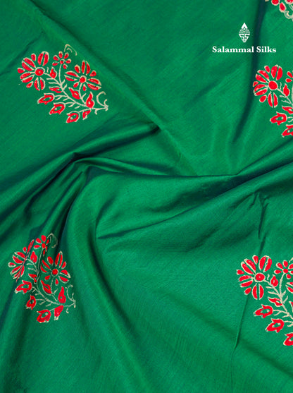 Beautiful Green South Cotton Printed Saree With Contrast Cream Sandal Blouse