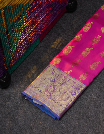 Beautiful Pure Silk Pattu Pavadai (Magenta) With Contrast Ramar Blue Blouse 27"