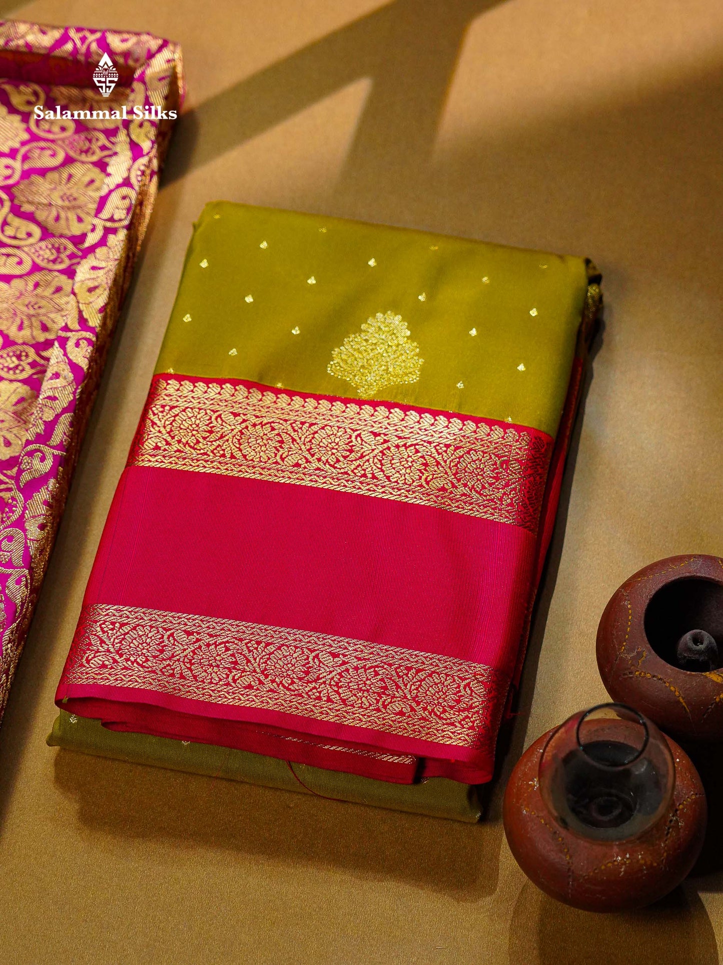 Beautiful Manthulir Yellow Zari Butta Semi Silk Saree With Contrast Redish Pink Traditional Rettapet Border