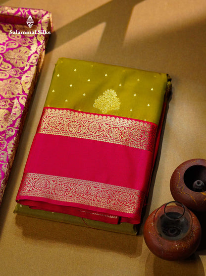Beautiful Manthulir Yellow Zari Butta Semi Silk Saree With Contrast Redish Pink Traditional Rettapet Border