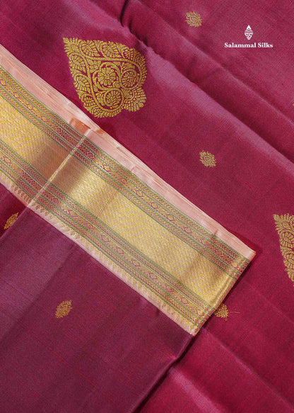 Korvai Beautiful Magenta Pure Kanjivaram Silk Saree With Contrast Dark Peach Traditional Evening Morning Border