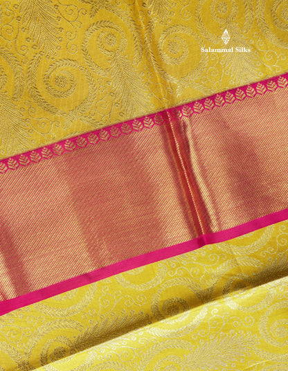 Gold Tissue Bridal Pure Kanjivaram Silk Saree With Contrast Magenta Pink Border
